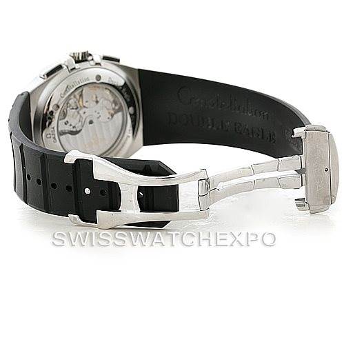 The image shows the back and side of an Omega Constellation 1819.51.91 Men's Stainless Steel Black Dial 1819.51.91 Men's Stainless Steel Black Dial's case and movement, along with its black rubber strap and clasp.