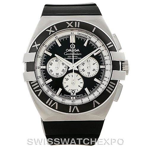 This image shows a front angle view of the Omega Constellation 1819.51.91 Men's Stainless Steel Black Dial 1819.51.91 Men's Stainless Steel Black Dial watch, featuring its dial, bezel, and pushers.