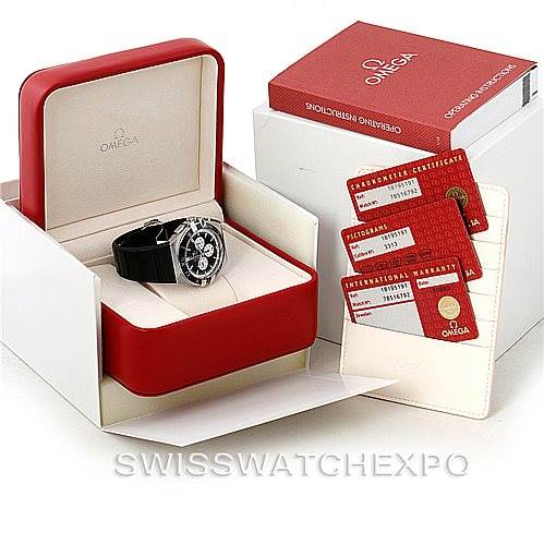 The image shows an Omega Constellation 1819.51.91 Men's Stainless Steel Black Dial 1819.51.91 Men's Stainless Steel Black Dial watch in its open box, along with warranty and certification cards.