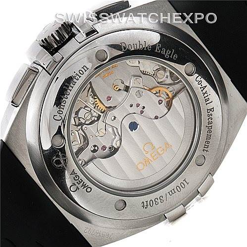 This image shows the back of the Omega Constellation 1819.51.91 Men's Stainless Steel Black Dial 1819.51.91 Men's Stainless Steel Black Dial Double Eagle watch, revealing its intricate movement and Co-Axial escapement.