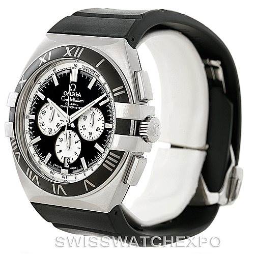 The image shows a side and front view of the Omega Constellation 1819.51.91 Men's Stainless Steel Black Dial 1819.51.91 Men's Stainless Steel Black Dial watch, highlighting its dial, bezel, crown, and pushers.