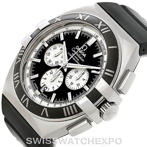 This image shows an angled view of an Omega Constellation 1819.51.91 Men's Stainless Steel Black Dial 1819.51.91 Men's Stainless Steel Black Dial watch, focusing on the case, bezel, dial, and chronograph features.