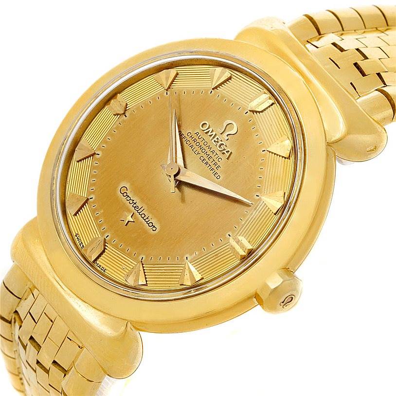 The image shows a close-up, angled view of the dial and bracelet of the Omega Constellation 14365 Men's Yellow Gold Champagne Dial 14365 Men's Yellow Gold Champagne Dial watch.
