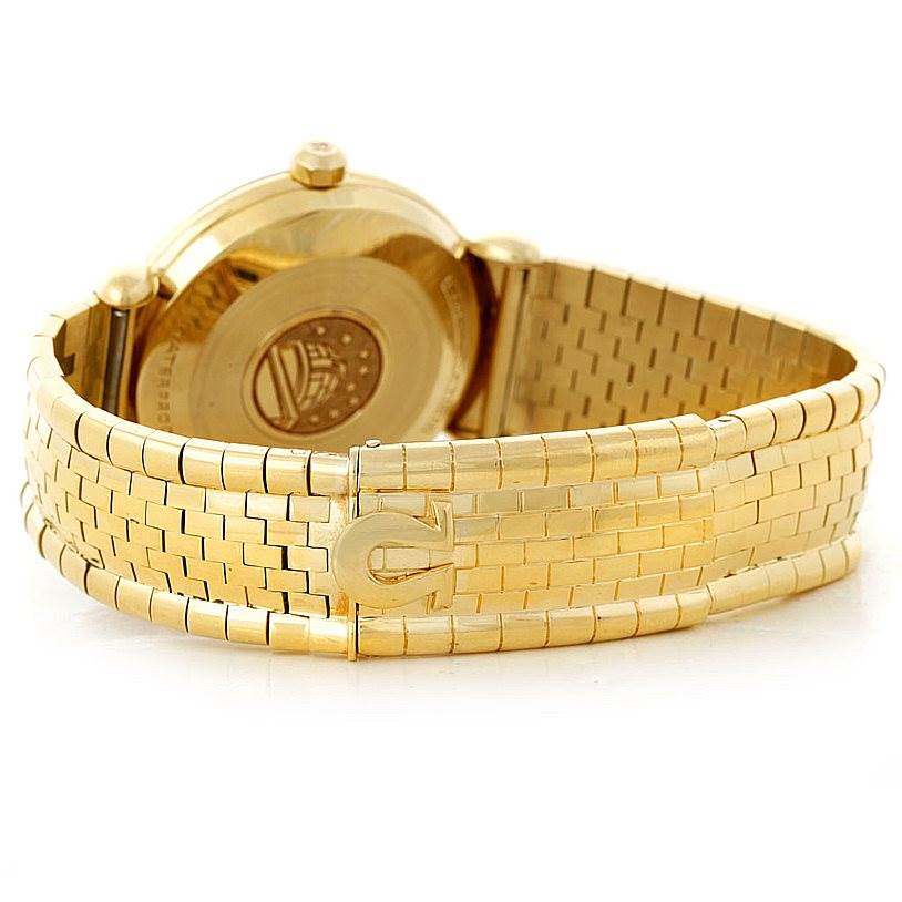 This image shows the Omega Constellation 14365 Men's Yellow Gold Champagne Dial 14365 Men's Yellow Gold Champagne Dial watch from the back, focusing on its golden bracelet and clasp.