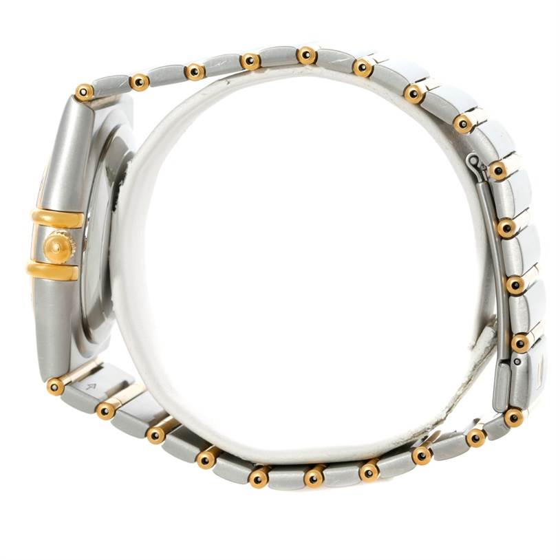 The Omega Constellation 1202.30.00 Men
s Steel and Gold (two tone) Silver Dial 1202.30.00 Men
s Steel and Gold (two tone) Silver Dial watch is shown from a side angle, displaying its case and bracelet with gold accents.