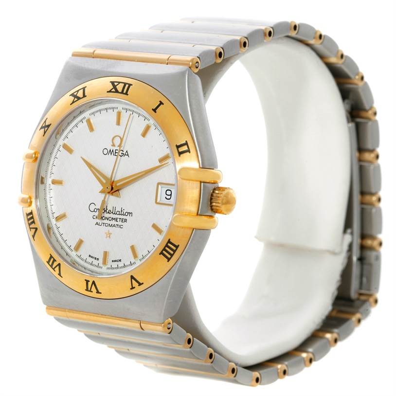 The image shows an angled view of an Omega Constellation 1202.30.00 Men
s Steel and Gold (two tone) Silver Dial 1202.30.00 Men
s Steel and Gold (two tone) Silver Dial watch, highlighting its dial, bezel, crown, and bracelet.