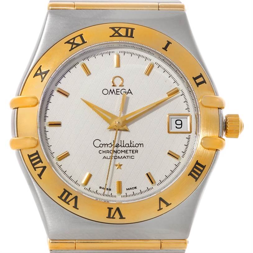 The Omega Constellation 1202.30.00 Men
s Steel and Gold (two tone) Silver Dial 1202.30.00 Men
s Steel and Gold (two tone) Silver Dial watch is shown from the front, displaying the dial, bezel, hands, and date window.
