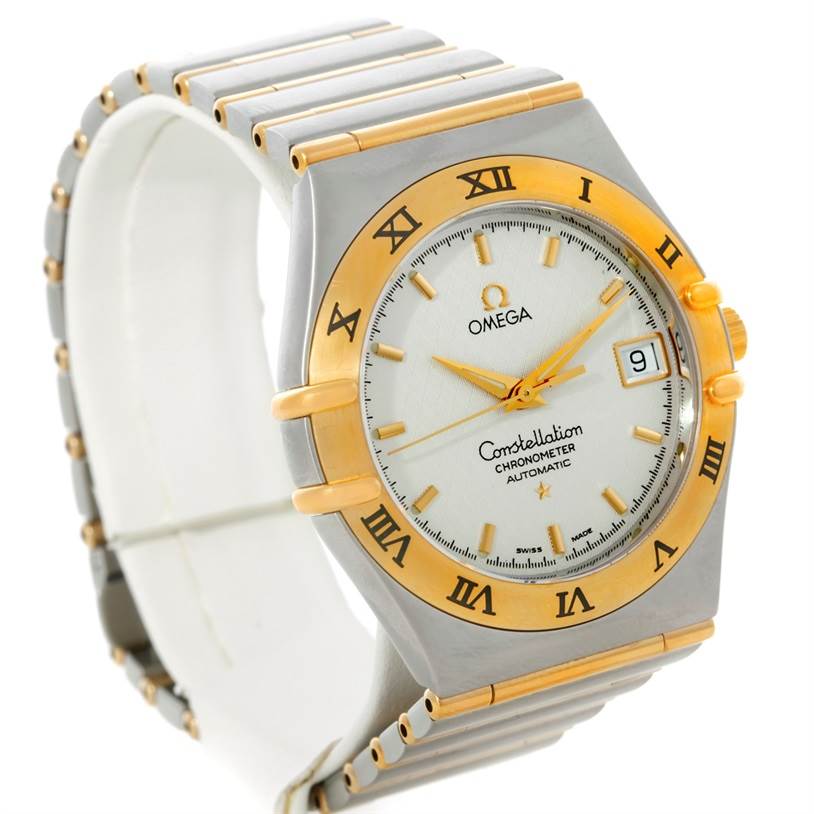 The Omega Constellation 1202.30.00 Men
s Steel and Gold (two tone) Silver Dial 1202.30.00 Men
s Steel and Gold (two tone) Silver Dial watch is shown at a three-quarter angle, displaying the face, bezel, case, and part of the bracelet.