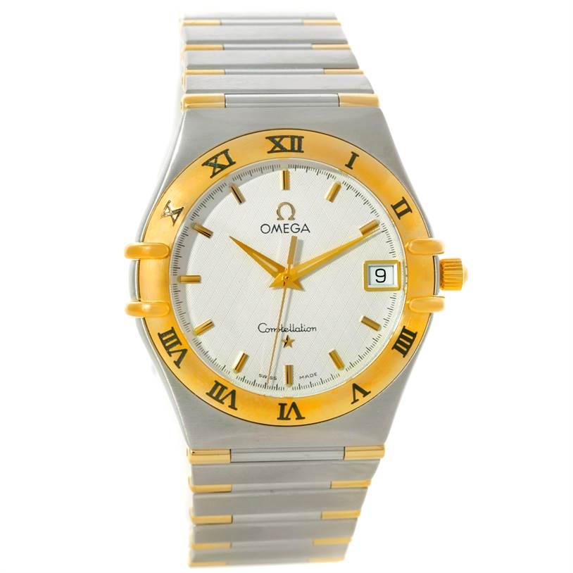 The Omega Constellation 1312.30.00 Men's Steel and Gold (two tone) Silver Dial 1312.30.00 Men's Steel and Gold (two tone) Silver Dial watch is shown from a front angle, highlighting the face, bezel, and bracelet.