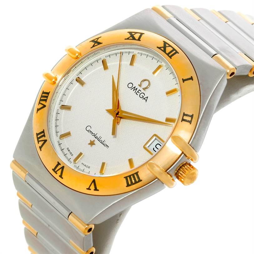The Omega Constellation 1312.30.00 Men's Steel and Gold (two tone) Silver Dial 1312.30.00 Men's Steel and Gold (two tone) Silver Dial watch is shown at a slight angle, highlighting its band, dial, bezel, and crown.