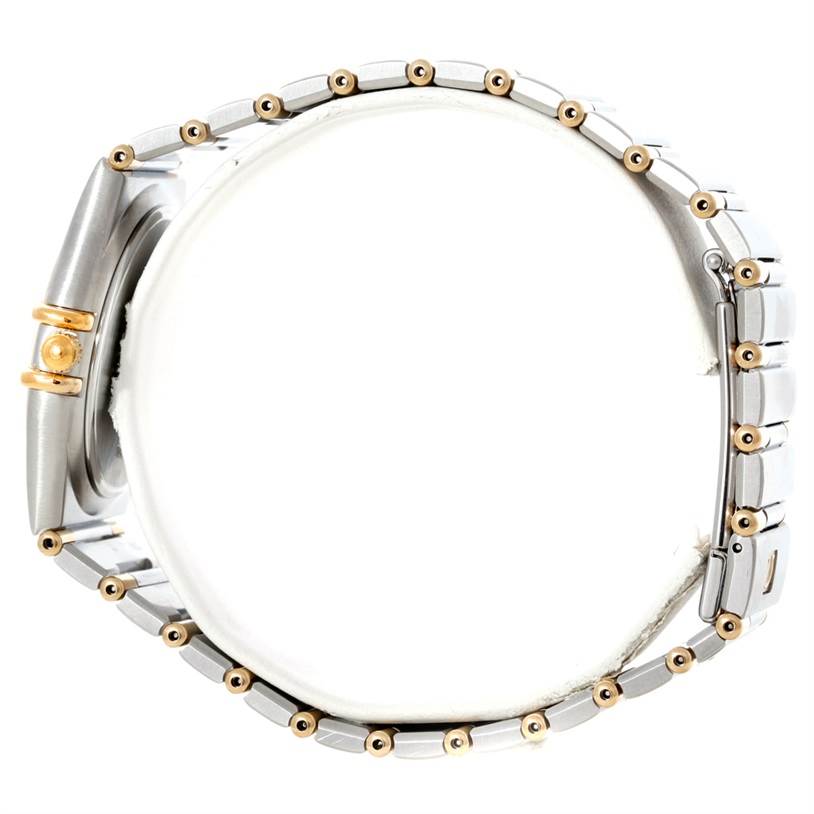 This is a side view of the Omega Constellation 1312.30.00 Men's Steel and Gold (two tone) Silver Dial 1312.30.00 Men's Steel and Gold (two tone) Silver Dial watch, focusing on the bracelet and part of the watch case.