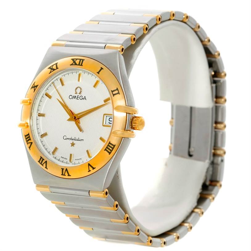 This Omega Constellation 1312.30.00 Men's Steel and Gold (two tone) Silver Dial 1312.30.00 Men's Steel and Gold (two tone) Silver Dial watch is shown at a three-quarter angle, displaying the face, bezel, and part of the bracelet.