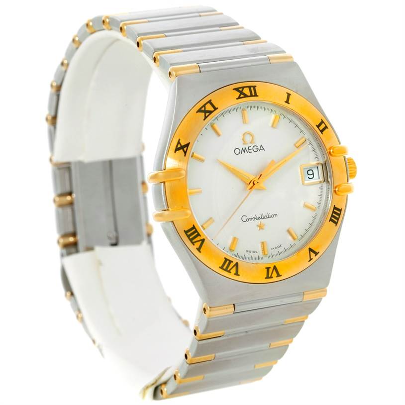 The image shows a front angle view of the Omega Constellation 1312.30.00 Men's Steel and Gold (two tone) Silver Dial 1312.30.00 Men's Steel and Gold (two tone) Silver Dial watch, displaying its face, bezel, crown, and part of its metal bracelet.