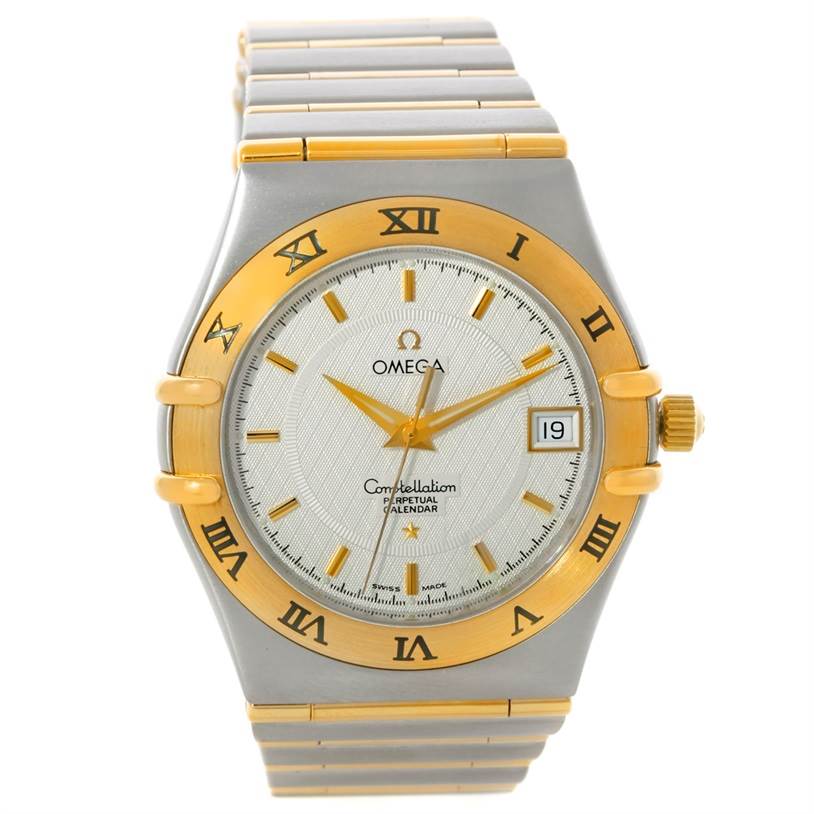 The image shows a front view of an Omega Constellation 1252.30.00 Men's Steel and Gold (two tone) Silver Dial 1252.30.00 Men's Steel and Gold (two tone) Silver Dial watch highlighting the face, bezel, and part of the band.