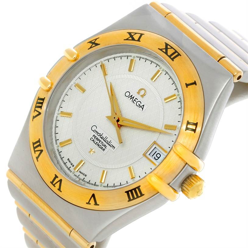 The image shows the dial, bezel, and part of the bracelet of the Omega Constellation 1252.30.00 Men's Steel and Gold (two tone) Silver Dial 1252.30.00 Men's Steel and Gold (two tone) Silver Dial watch at a slight angle.