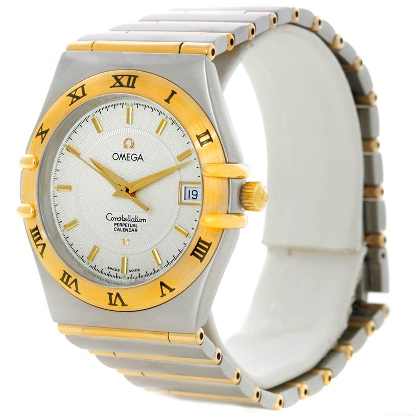 The image shows a side-angled view of the Omega Constellation 1252.30.00 Men's Steel and Gold (two tone) Silver Dial 1252.30.00 Men's Steel and Gold (two tone) Silver Dial watch, highlighting the watch face, bezel, and bracelet.