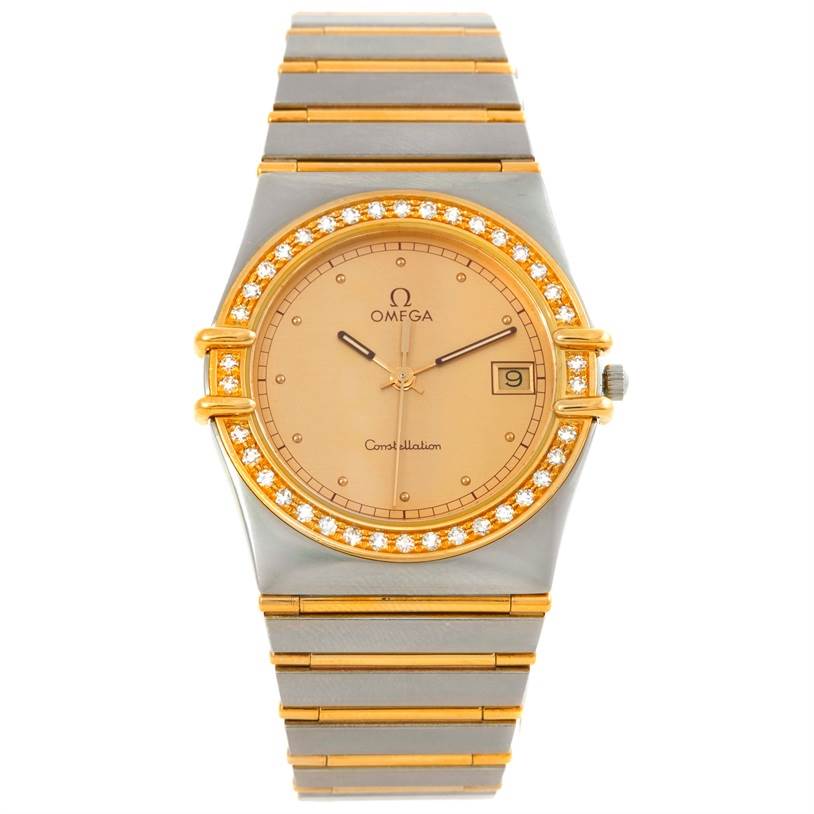 This Omega Constellation Men's Steel and Gold (two tone) Champagne Dial Men's Steel and Gold (two tone) Champagne Dial watch is shown from a top-down angle, highlighting the face, bezel, bracelet, and date window.