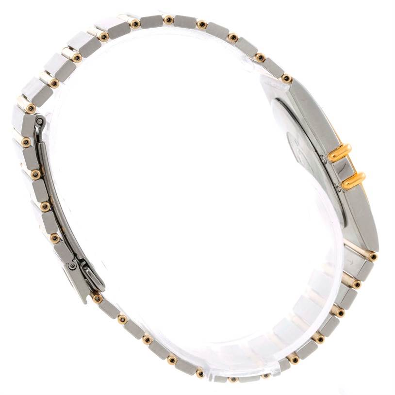 The image shows a side profile of the Omega Constellation Men's Steel and Gold (two tone) Champagne Dial Men's Steel and Gold (two tone) Champagne Dial watch, highlighting the bracelet and case.