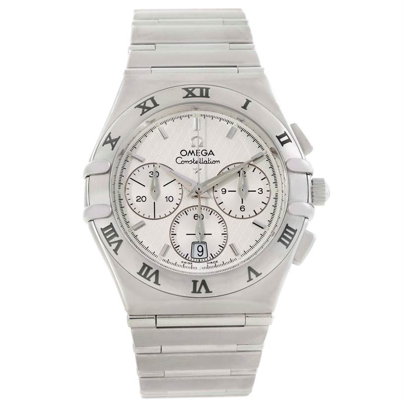 This photo shows a front view of the Omega Constellation 1542.30.00 Men's Stainless Steel Silver Dial 1542.30.00 Men's Stainless Steel Silver Dial watch, displaying the face, bezel, and bracelet.