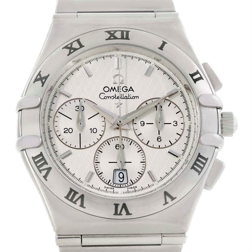 This image shows a frontal view of the Omega Constellation 1542.30.00 Men's Stainless Steel Silver Dial 1542.30.00 Men's Stainless Steel Silver Dial watch, highlighting its dial, chronograph sub-dials, and Roman numeral bezel.