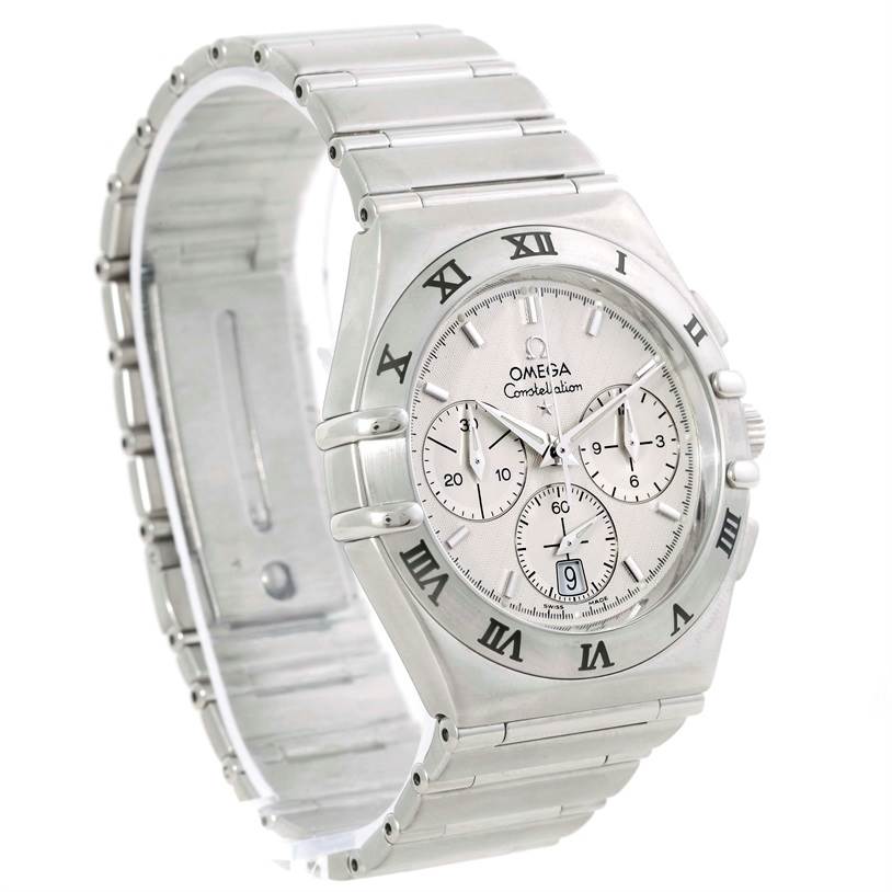 The image shows a side angle of the Omega Constellation 1542.30.00 Men's Stainless Steel Silver Dial 1542.30.00 Men's Stainless Steel Silver Dial watch, highlighting the face, bezel, and bracelet.
