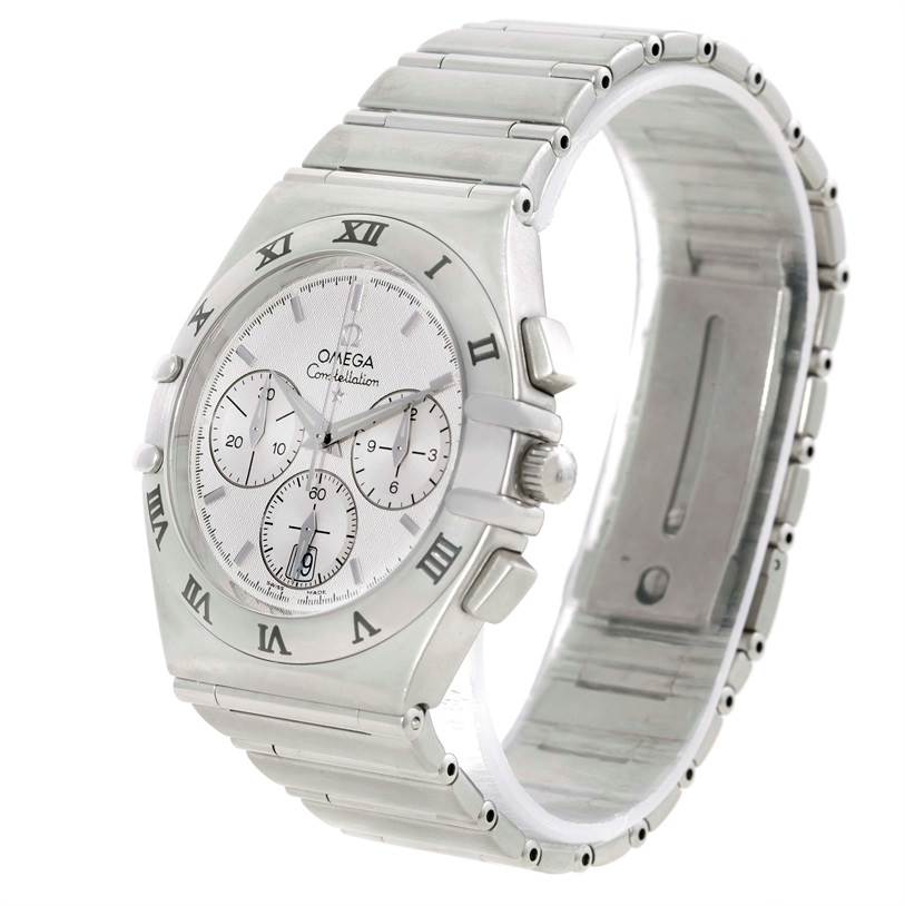 The image shows an angled view of an Omega Constellation 1542.30.00 Men's Stainless Steel Silver Dial 1542.30.00 Men's Stainless Steel Silver Dial watch displaying its face, bezel, crown, and portion of the bracelet.