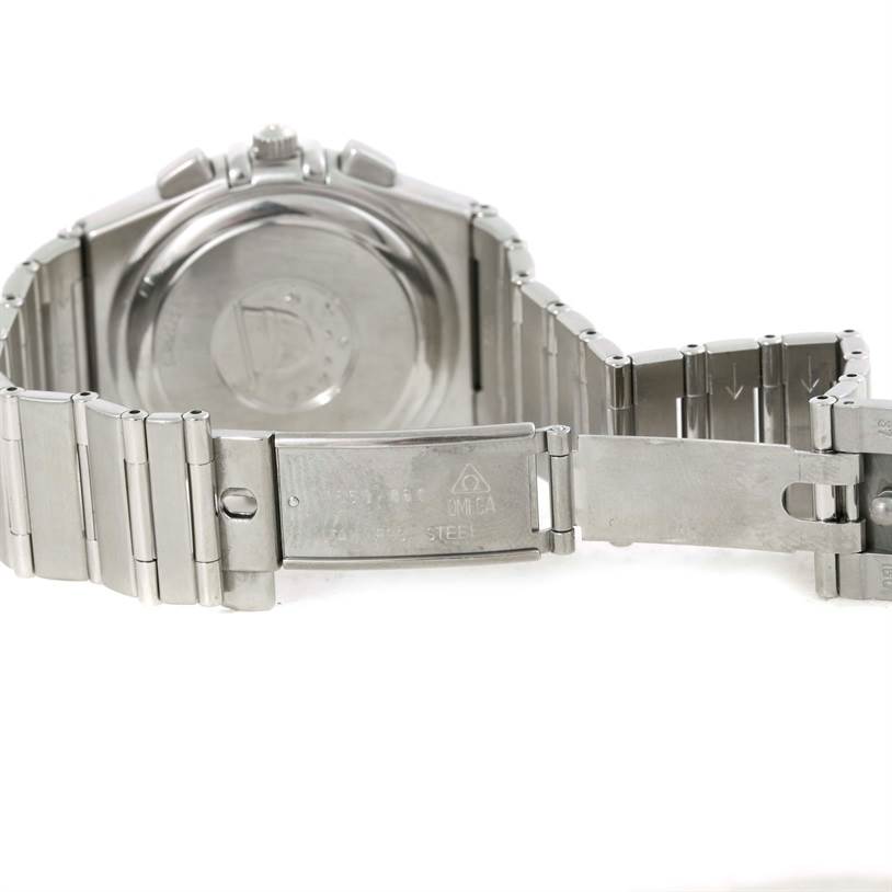 The image shows the back casing and open clasp of an Omega Constellation 1542.30.00 Men's Stainless Steel Silver Dial 1542.30.00 Men's Stainless Steel Silver Dial watch, showcasing its stainless steel bracelet.
