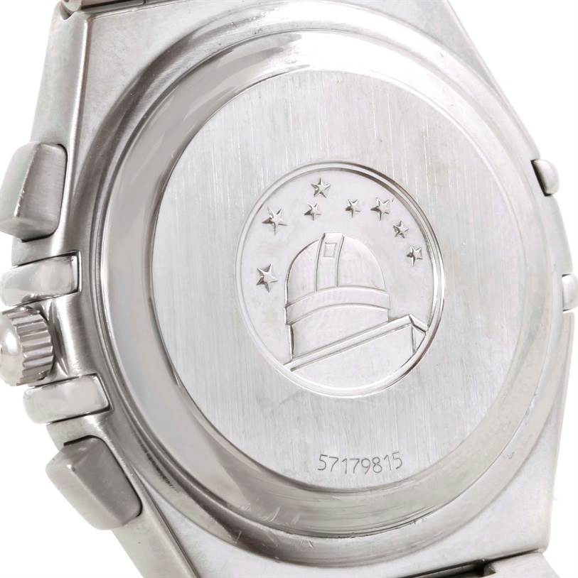 The image shows the case back of the Omega Constellation 1542.30.00 Men's Stainless Steel Silver Dial 1542.30.00 Men's Stainless Steel Silver Dial watch featuring an observatory logo and serial number.