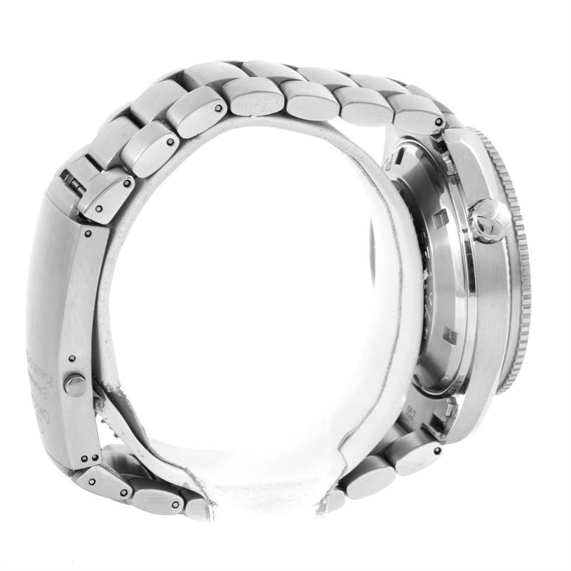 This image shows a side view of the Omega Planet Ocean 2201.50.00 Men
s Stainless Steel Black Dial 2201.50.00 Men
s Stainless Steel Black Dial watch, highlighting the bracelet, clasp, and crown.