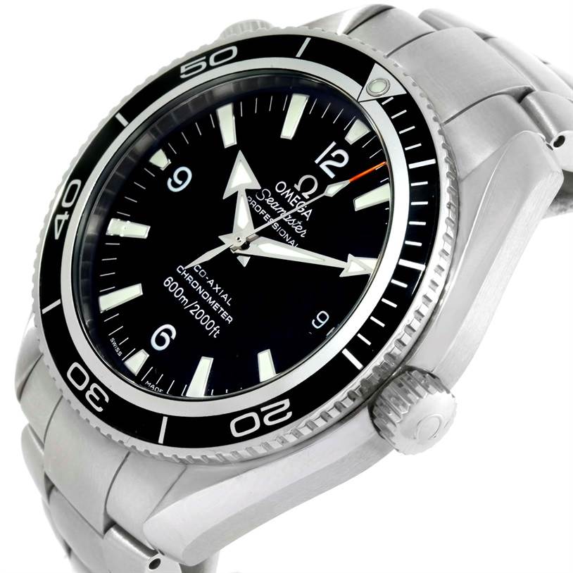 The Omega Planet Ocean 2201.50.00 Men
s Stainless Steel Black Dial 2201.50.00 Men
s Stainless Steel Black Dial watch is shown at an angle highlighting its dial, bezel, crown, and part of its metal bracelet.