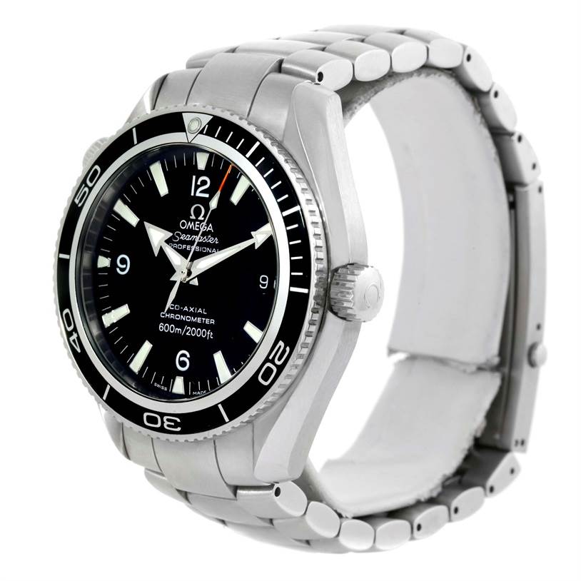 The image shows a front and angled view of the Omega Planet Ocean 2201.50.00 Men
s Stainless Steel Black Dial 2201.50.00 Men
s Stainless Steel Black Dial watch, including its bezel, dial, crown, and bracelet.