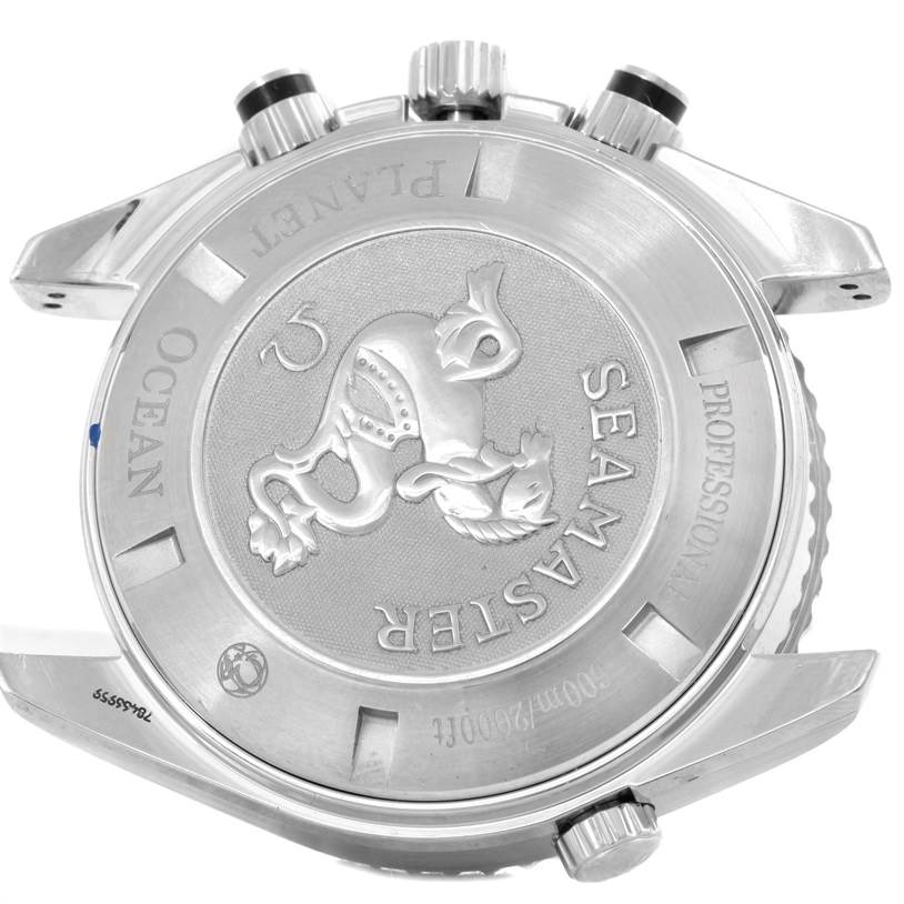 The image shows the back case of an Omega Planet Ocean 2210.51.00 Men
s Stainless Steel Black Dial 2210.51.00 Men
s Stainless Steel Black Dial watch, highlighting the engraved "Seamaster" logo and surrounding text.