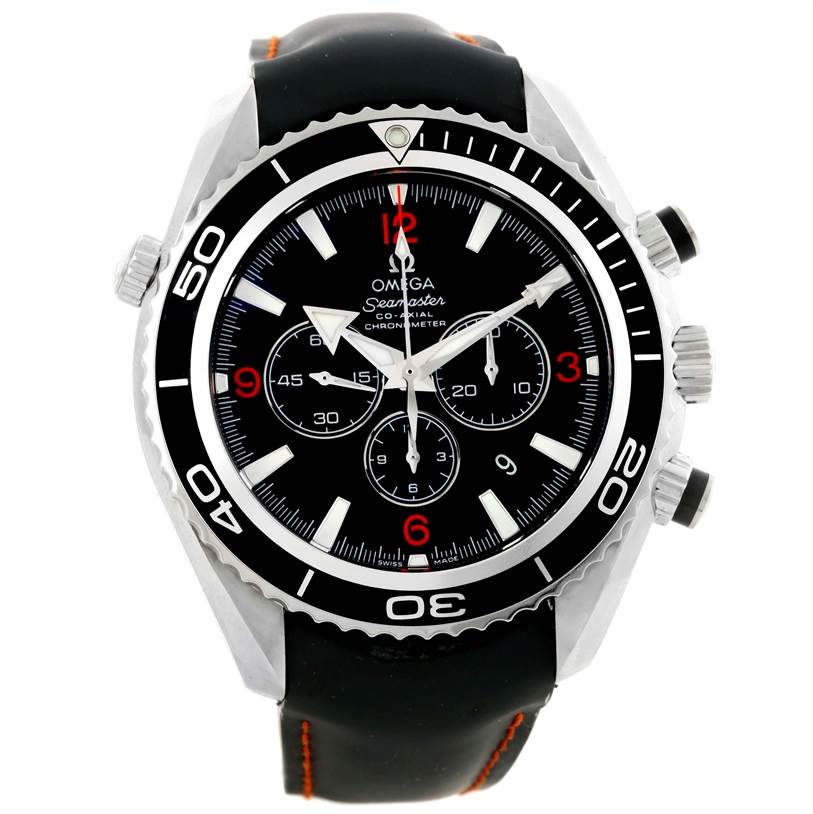 The image shows a front view of the Omega Planet Ocean 2210.51.00 Men
s Stainless Steel Black Dial 2210.51.00 Men
s Stainless Steel Black Dial watch, highlighting its black dial, bezel, and chronograph features.