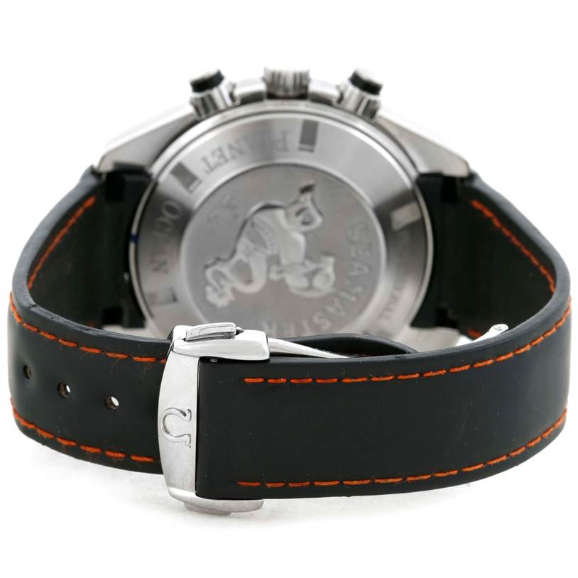 This image shows the rear view of the Omega Planet Ocean 2210.51.00 Men
s Stainless Steel Black Dial 2210.51.00 Men
s Stainless Steel Black Dial watch, highlighting its case back and black strap with orange stitching.