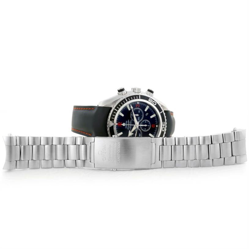 The Omega Planet Ocean 2210.51.00 Men
s Stainless Steel Black Dial 2210.51.00 Men
s Stainless Steel Black Dial watch is shown from a slightly angled side with the dial visible alongside a stainless steel bracelet.