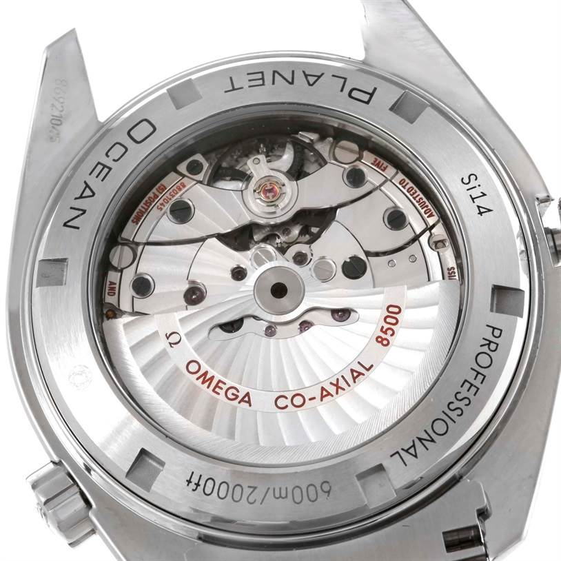 This image shows the back of an Omega Planet Ocean 232.30.46.21.01.003 Men's Stainless Steel Black Dial 232.30.46.21.01.003 Men's Stainless Steel Black Dial watch, revealing the intricate mechanical movement inside.