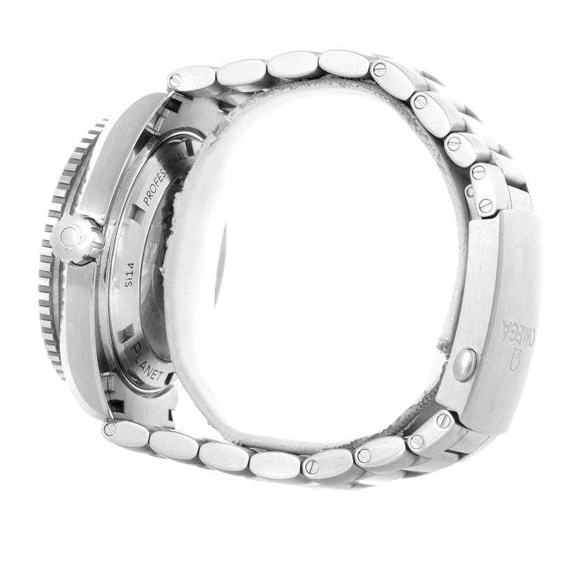 The image shows a side view of the Omega Planet Ocean 232.30.46.21.01.003 Men's Stainless Steel Black Dial 232.30.46.21.01.003 Men's Stainless Steel Black Dial watch, highlighting the bracelet, clasp, and part of the case back.