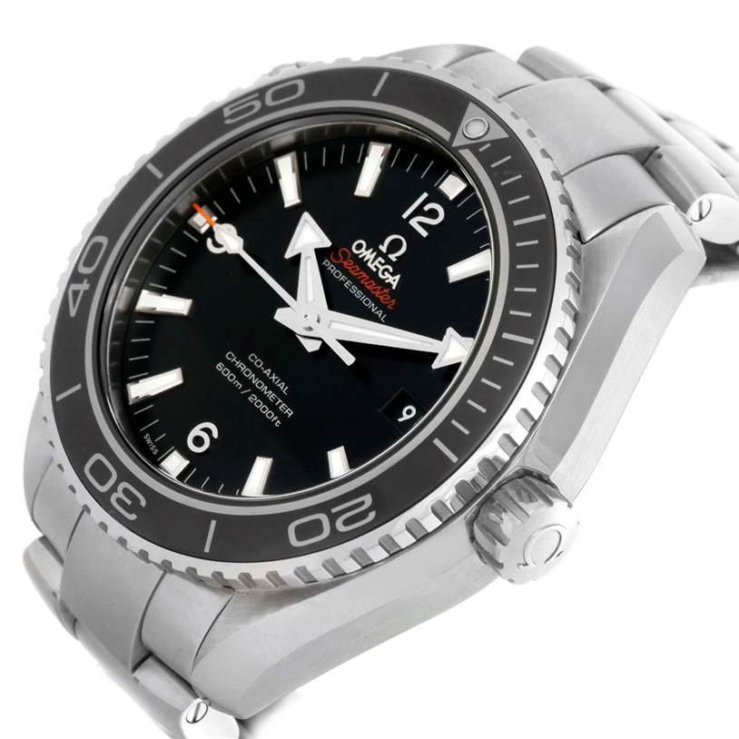 The image shows an angled view of an Omega Planet Ocean 232.30.46.21.01.003 Men's Stainless Steel Black Dial 232.30.46.21.01.003 Men's Stainless Steel Black Dial watch, highlighting the face, bezel, and part of the bracelet.