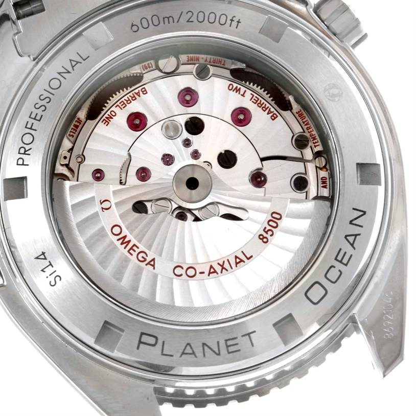 The image shows the back view of an Omega Planet Ocean 232.30.46.21.01.003 Men's Stainless Steel Black Dial 232.30.46.21.01.003 Men's Stainless Steel Black Dial watch, revealing its Co-Axial 8500 movement.