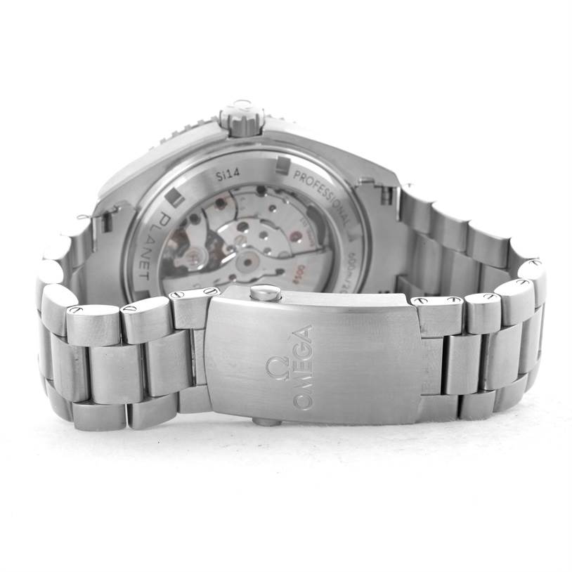 This image shows the back view of the Omega Planet Ocean 232.30.46.21.01.003 Men's Stainless Steel Black Dial 232.30.46.21.01.003 Men's Stainless Steel Black Dial watch, highlighting the clasp and exhibition case back.