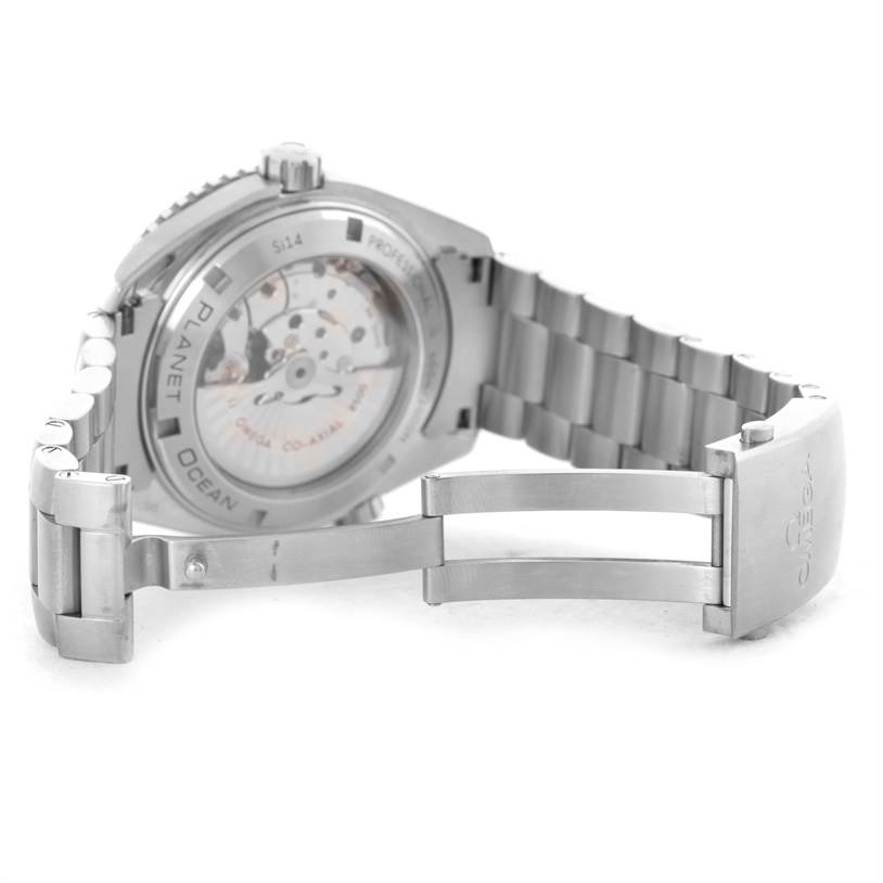 The image shows the back and bracelet clasp of the Omega Planet Ocean 232.30.46.21.01.003 Men's Stainless Steel Black Dial 232.30.46.21.01.003 Men's Stainless Steel Black Dial watch, including the see-through case back.