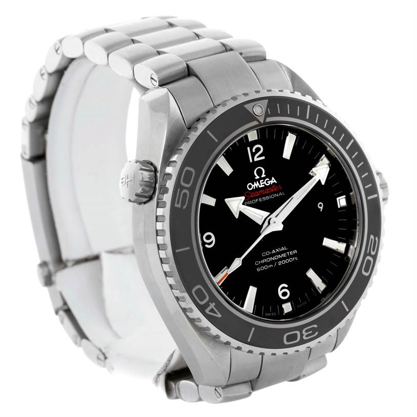 The image shows an angled side view of an Omega Planet Ocean 232.30.46.21.01.003 Men's Stainless Steel Black Dial 232.30.46.21.01.003 Men's Stainless Steel Black Dial watch, highlighting the face, bezel, and part of the metal bracelet.