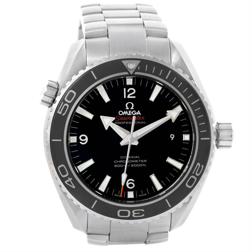 This is a front view of an Omega Planet Ocean 232.30.46.21.01.003 Men's Stainless Steel Black Dial 232.30.46.21.01.003 Men's Stainless Steel Black Dial watch, showing the face, bezel, and stainless steel bracelet.