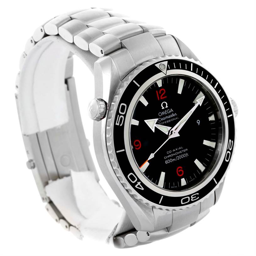 The image shows a side angle of the Omega Planet Ocean 85484047 Men's Stainless Steel Black Dial 85484047 Men's Stainless Steel Black Dial watch, displaying the face, bezel, crown, and metal bracelet.