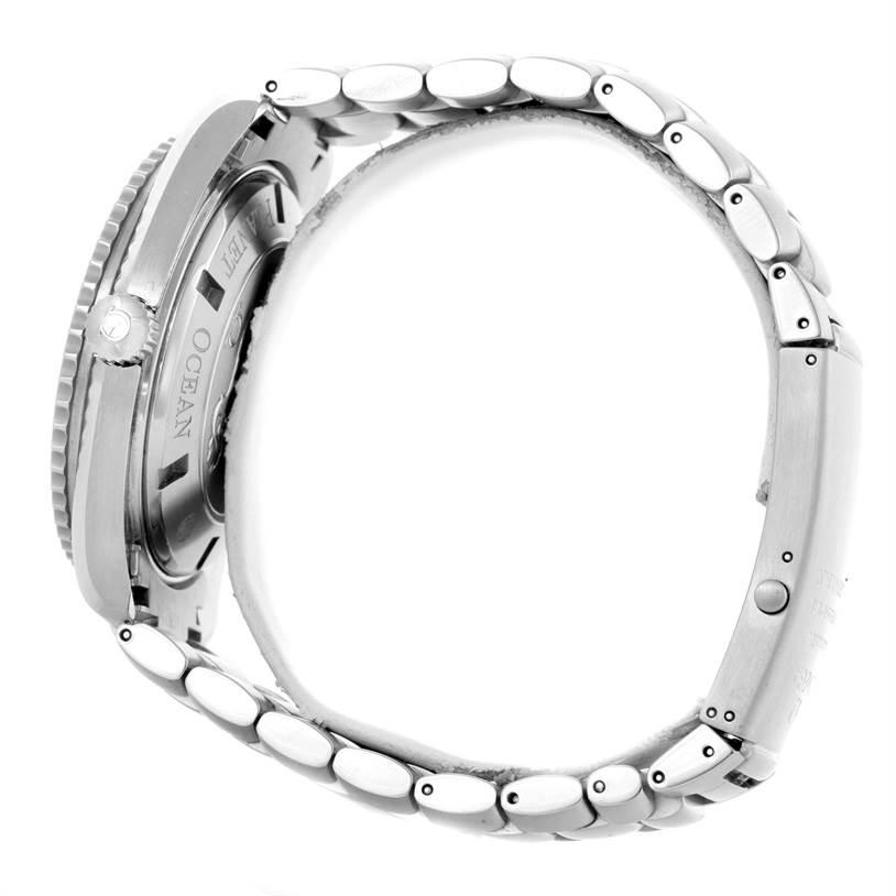 The image shows a side view of an Omega Planet Ocean 85484047 Men's Stainless Steel Black Dial 85484047 Men's Stainless Steel Black Dial model watch, featuring its bezel, crown, case back, and bracelet.