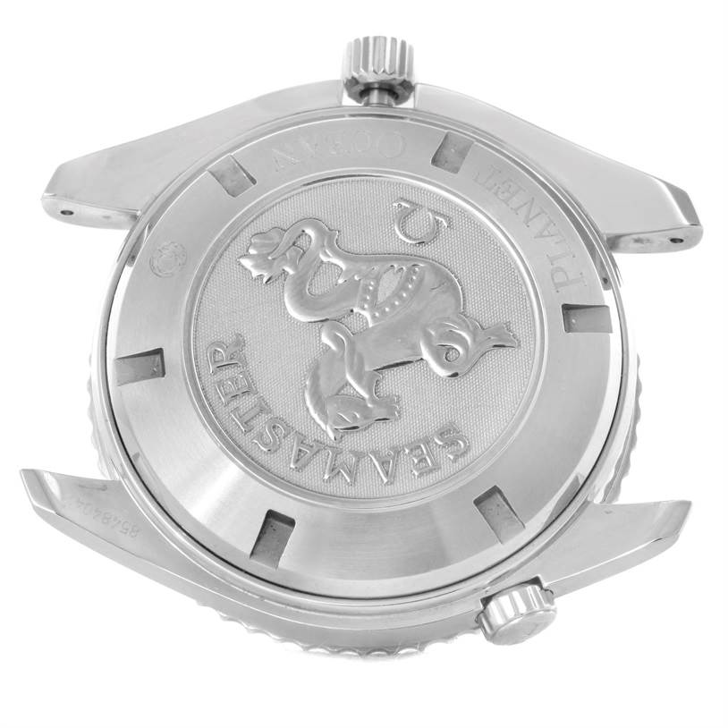 This image shows the back case of the Omega Planet Ocean 85484047 Men's Stainless Steel Black Dial 85484047 Men's Stainless Steel Black Dial watch with the "Seamaster" engraving and crown.