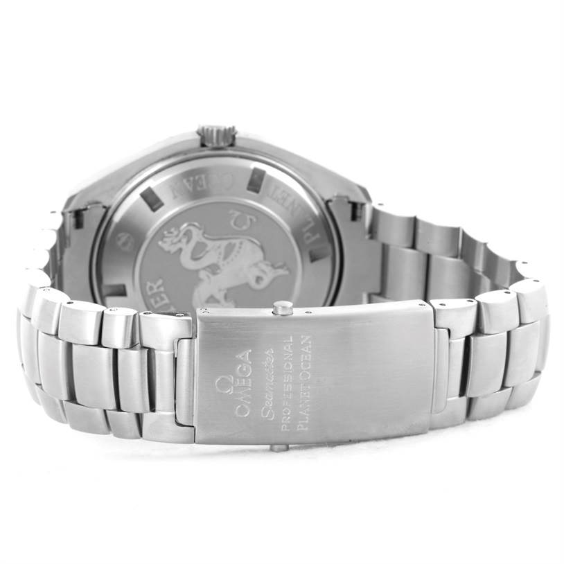 The image shows the back view of the Omega Planet Ocean 85484047 Men's Stainless Steel Black Dial 85484047 Men's Stainless Steel Black Dial watch, highlighting its clasp and case back.