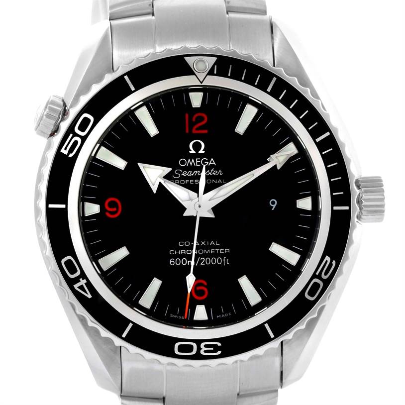 The image shows the front view of the Omega Planet Ocean 85484047 Men's Stainless Steel Black Dial 85484047 Men's Stainless Steel Black Dial watch, displaying its dial, bezel, and part of the bracelet.
