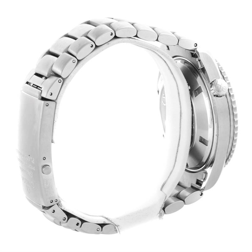 The image shows the side view of an Omega Planet Ocean 85484047 Men's Stainless Steel Black Dial 85484047 Men's Stainless Steel Black Dial watch focusing on the stainless steel bracelet and case back.