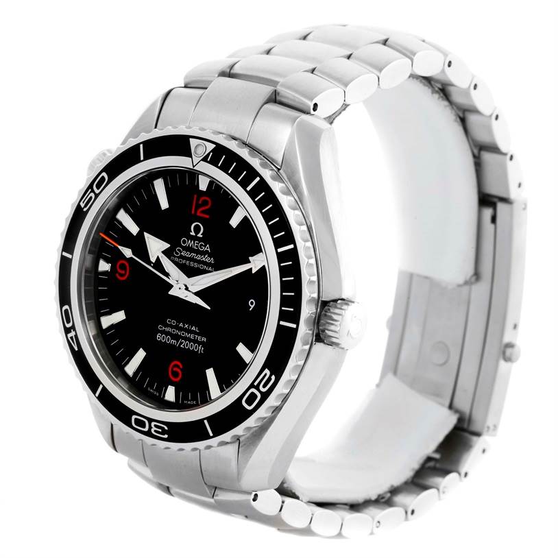 This image of the Omega Planet Ocean 85484047 Men's Stainless Steel Black Dial 85484047 Men's Stainless Steel Black Dial model watch shows a front angle highlighting the dial, bezel, and stainless steel bracelet.